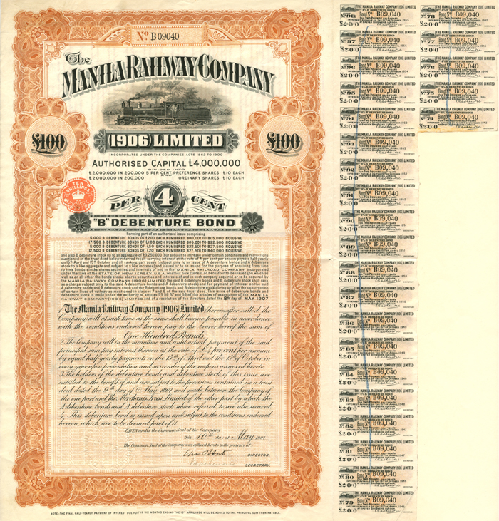 Manila Railway Co. 1906 Limited - Philippine £100 Railroad Bond - Philippines